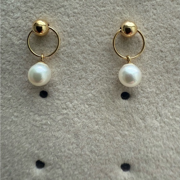 18K Solid Yellow Gold Pearl Circle Drop Stud Earrings - Picture 7 of 8